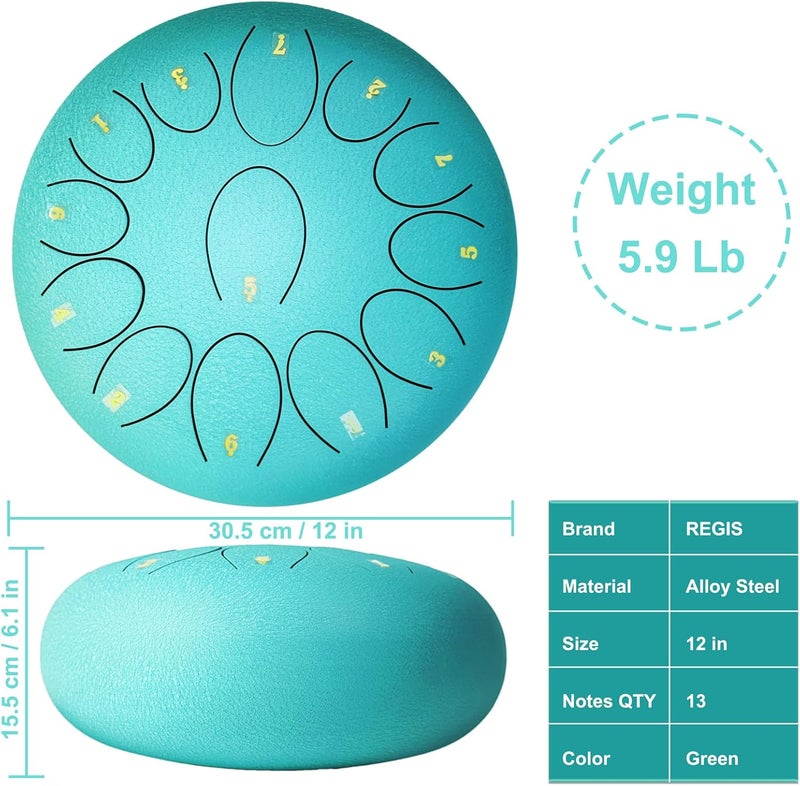 Regis Steel Tongue Drum 12 Inch 13 Notes C Major – Handpan Drum Percussion Instrument for Adults, Beginner Friendly Music Gift with Mallets, Music Book & Carry Bag (malachite) - Image 2
